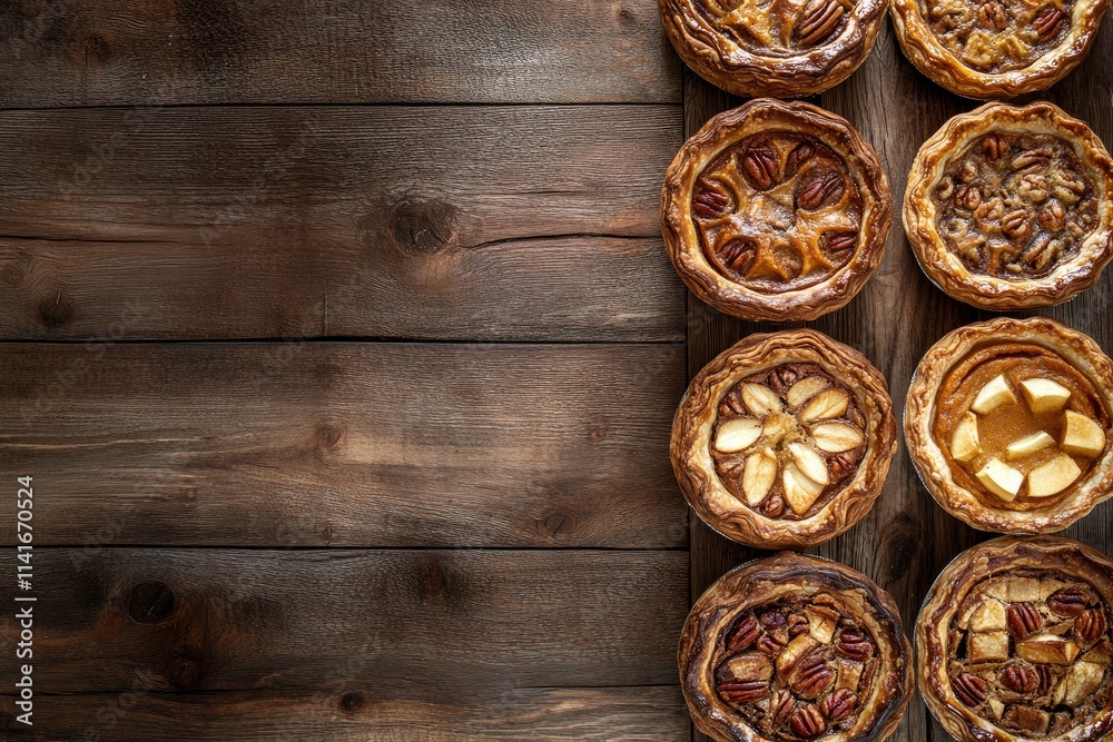 Variety of homemade autumn pies. Pumpkin, apple and pecan. Above view double border over a rustic wood background with copy space. Variety of homemade autumn pies. Pumpkin, apple and pecan. Above view double border over a rustic wood background with copy space.