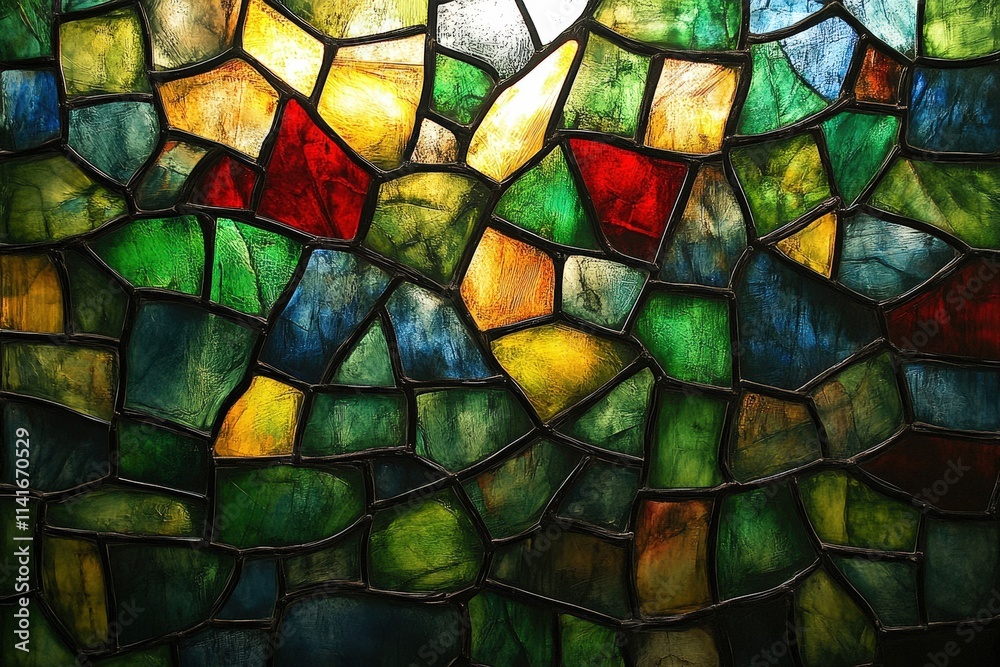 A vibrant stained glass window featuring an intricate mosaic of green, red, and yellow hues, creating a colorful and luminous atmosphere. A vibrant stained glass window featuring an intricate mosaic of green, red, and yellow hues, creating a colorful and luminous atmosphere.