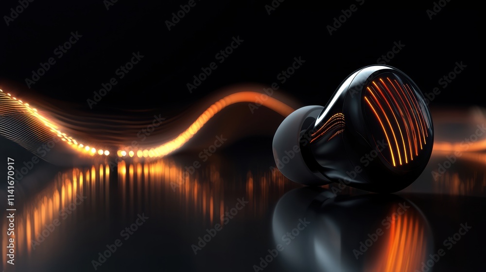 Fototapeta premium Minimalist wireless earbud with glowing sound waves
