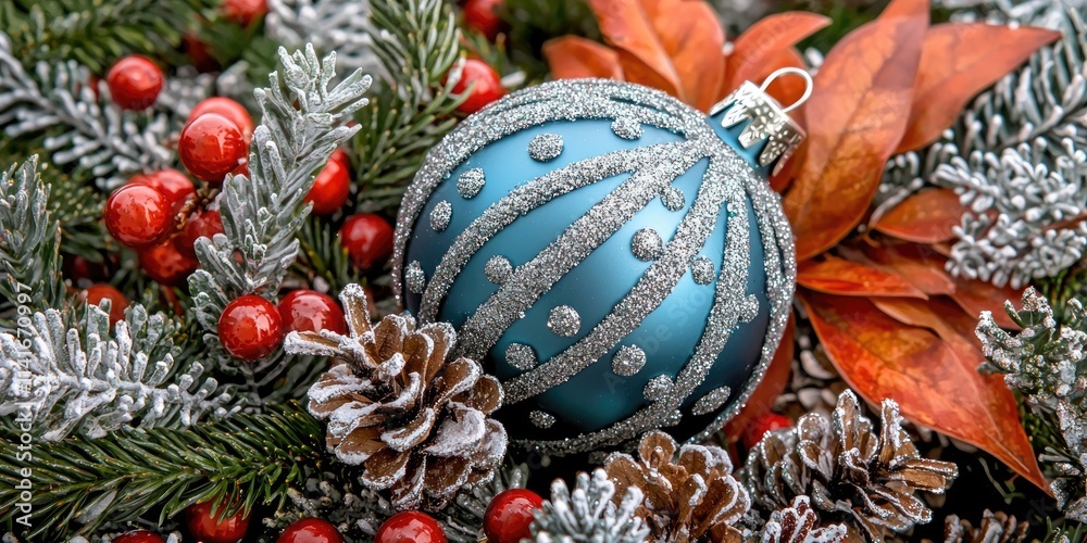 A close-up of a blue bauble adorned with silver accents, placed among other colorful Christmas decorations. A close-up of a blue bauble adorned with silver accents, placed among other colorful Christmas decorations.
