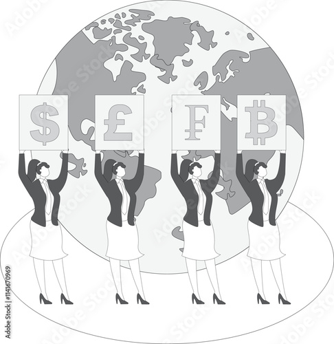 Global business financial currency, global economic stimulus and rise, a group of businesswomen stand in a row holding cardboards with currency symbols.