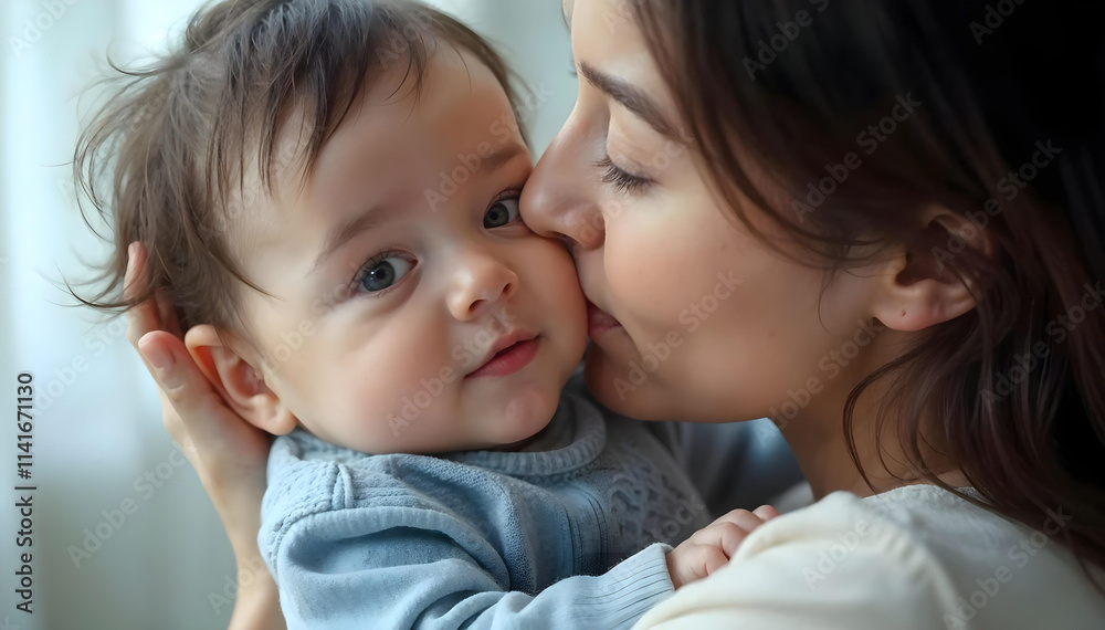 Loving mother tenderly kissing her baby while cuddling together on a cozy bed in a warm and peaceful Loving mother tenderly kissing her baby while cuddling together on a cozy bed in a warm and peaceful