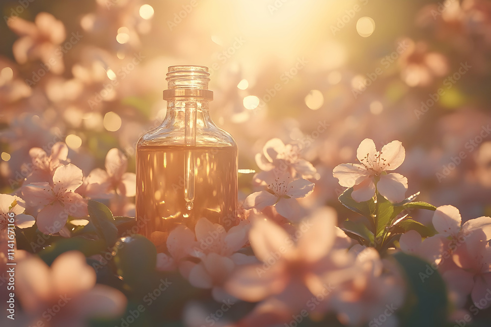 Essential oil bottle in blooming flowers at sunset.