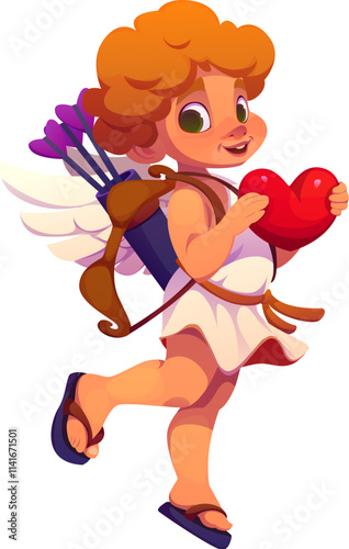 Cartoon cupid character holding heart symbol with wings, bow and arrows conveying love and romance for Valentines Day holiday celebration, cute angel with playful expression exudes joy and affection