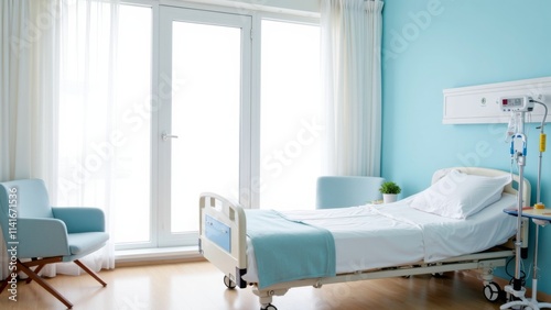 Bright and modern hospital ward with single bed, white linens, light blue blanket, IV stand, medical equipment, large windows, armchair, light blue walls, potted plant