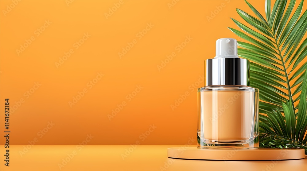 Elegant Cosmetic Bottle with Pump Against Vibrant Orange Background Elegant Cosmetic Bottle with Pump Against Vibrant Orange Background
