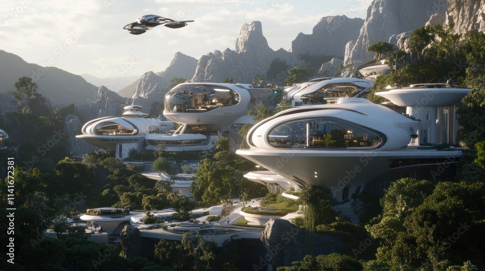 Futuristic houses in mountains, drone flying. Futuristic houses in mountains, drone flying.