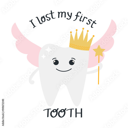 Cute tooth fairy with a magic wand. Loss of the first tooth. Handwritten lettering.