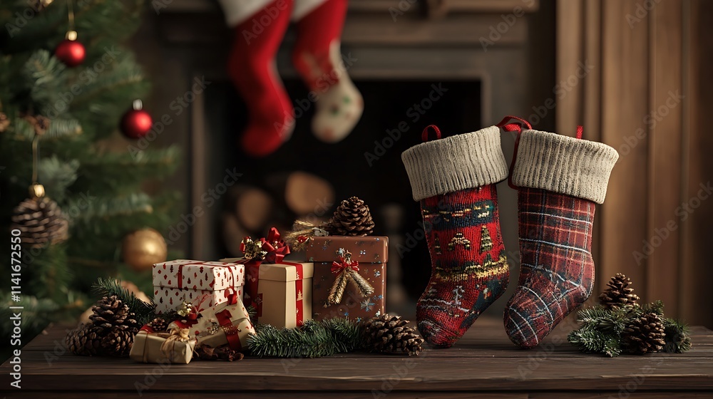 custom made wallpaper toronto digitalHoliday scene with a decorated Christmas tree, fireplace, and stockings 