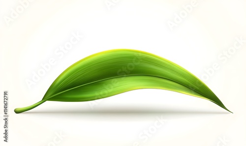 Single, green, curved leaf with detailed veins on white backdrop.