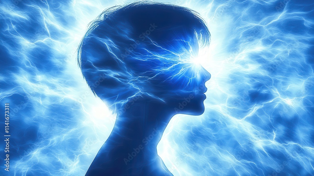 Obraz premium A profile silhouette with bright blue energy emanating from the head, symbolizing creativity, knowledge, and mental energy.