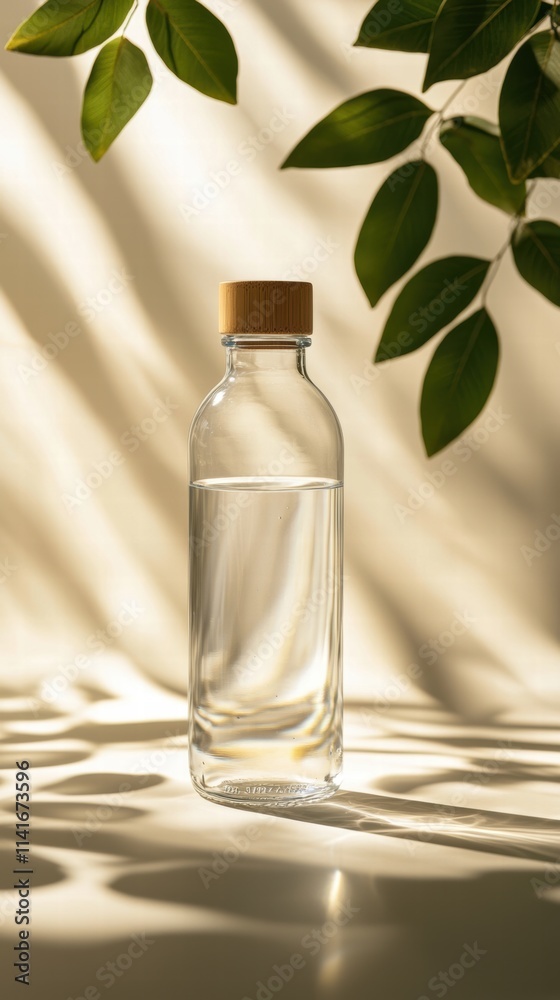 Elegant reusable glass water bottle with bamboo lid on beige surface Elegant reusable glass water bottle with bamboo lid on beige surface