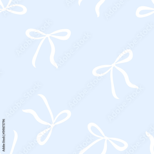 Delicate hand drawn seamless pattern of bows on soft blue background