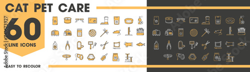 Cat pet care line icons, grooming supplies, toys and treats, vector symbols. Cats and kitten pet care icons of ball and mouse toy, nail clippers and brush with feeding bowls and hair grooming brush