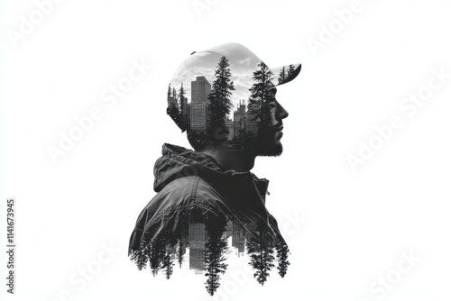 A silhouette of a man with a forest and cityscape overlay, embodying a blend of nature and urban life, evoking themes of introspection and duality. photo