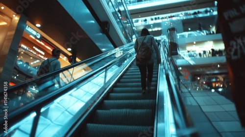 People ascend escalators inside a mall at night.