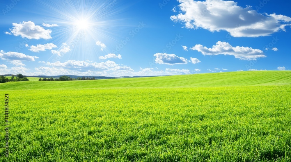 Lush green field under a sunny blue sky, serene landscape Lush green field under a sunny blue sky, serene landscape