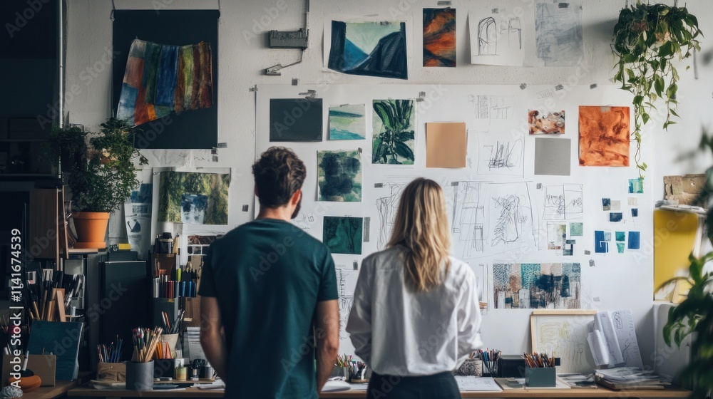 Designers work on sketches, in office with art supplies, plants, and many ideas. Designers work on sketches, in office with art supplies, plants, and many ideas.