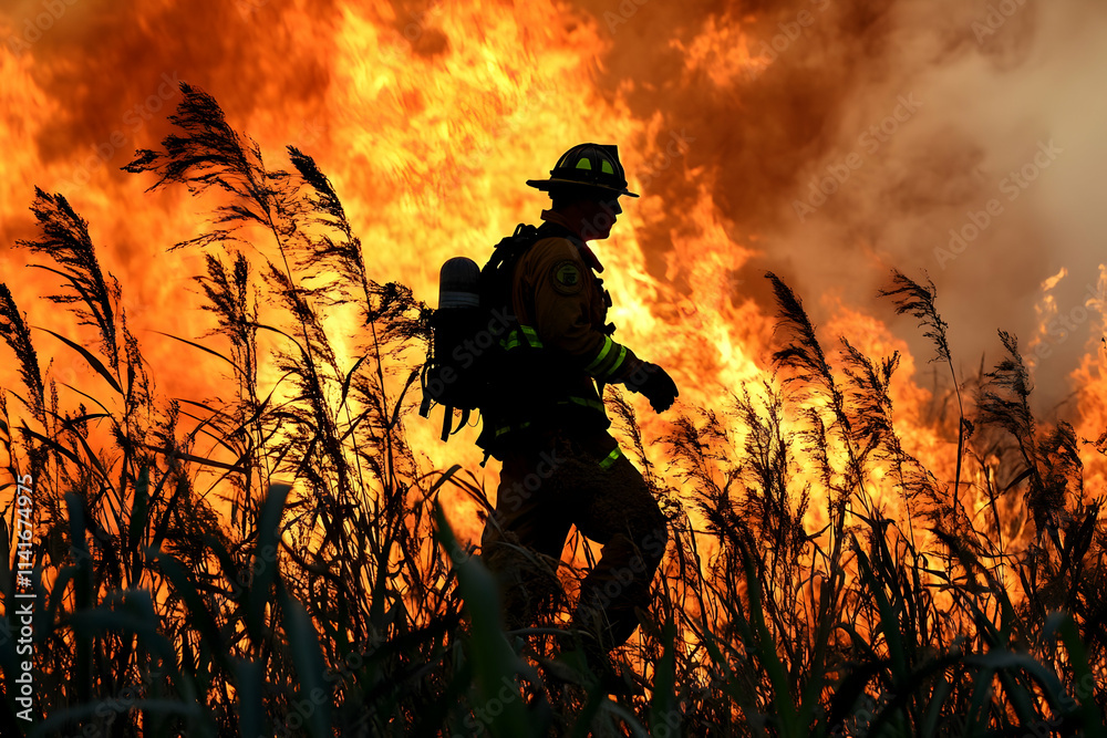 Obraz premium Firefighter silhouetted against a raging wildfire.