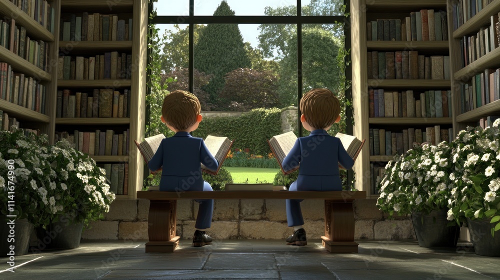 Twin boys read books in library. Twin boys read books in library.