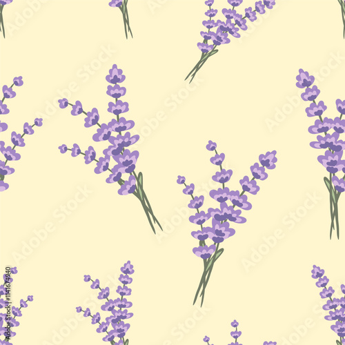Hand drawn lavender seamless pattern design on a light yellow background for creative projects and textiles