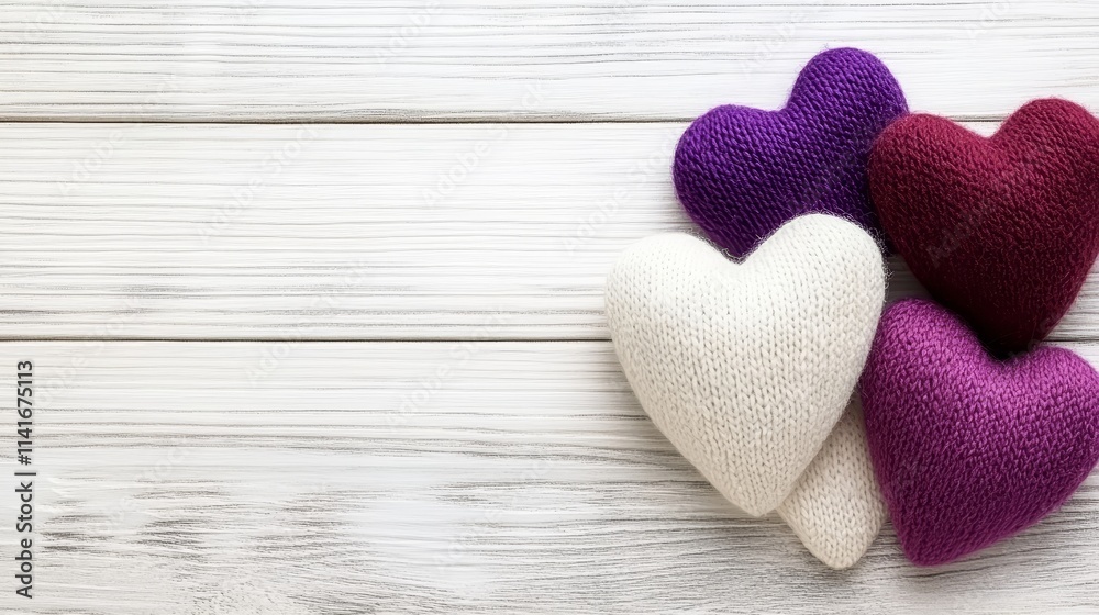 Fototapeta premium Knitted hearts on white wood, a symbol of love and warmth for valentine's day