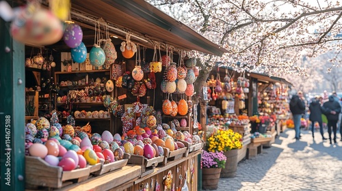 Colorful Easter Market Stalls with Decorative Eggs and Spring Flowers