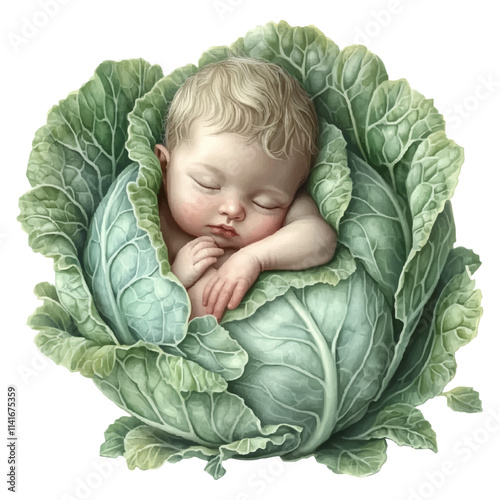 Peaceful Sleeping Baby Nestled in a Cabbage with Whimsical Botanical Watercolor Illustration, isolated on transparent background, png