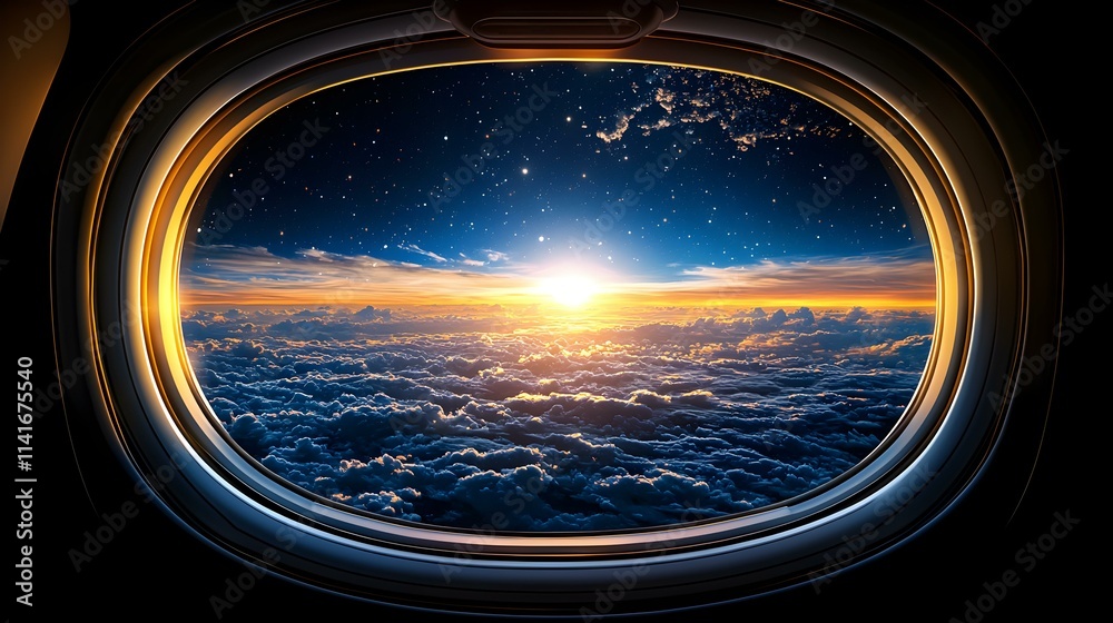 Breathtaking Sunrise View from Airplane Window Above the Clouds Breathtaking Sunrise View from Airplane Window Above the Clouds