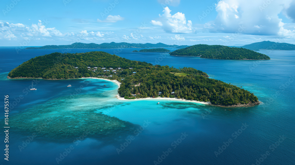 Fototapeta premium Serene tropical island paradise idyllic turquoise waters lush green foliage tranquil atmosphere aerial view
