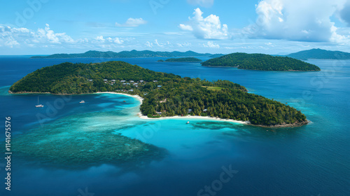 Serene tropical island paradise idyllic turquoise waters lush green foliage tranquil atmosphere aerial view