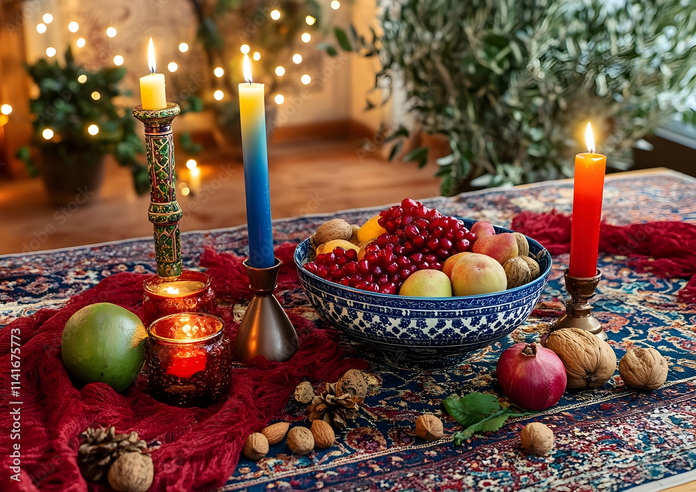 Ornate Middle Eastern holiday table with pomegranates, candles, and festive decorations