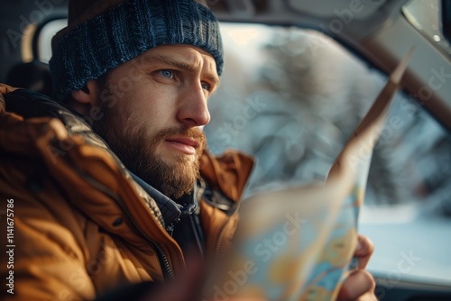 A traveler explores a map inside a car, reflecting on the journey ahead in winter. photo