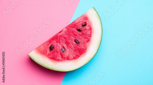 Vibrant watermelon slice, a summer delight on blue and pink background juicy photo