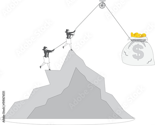 Debt crisis and financial and economic crisis, businessmen tug-of-war pull money bag falling off cliff together to recover economic loss