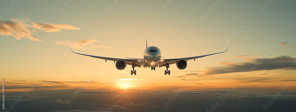 Silhouette of a commercial airplane soaring through a colorful sunrise sky Silhouette of a commercial airplane soaring through a colorful sunrise sky