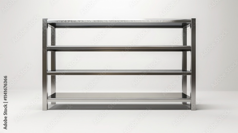 A modern, minimalist bookshelf with clean lines and a sleek, silver frame, isolated on a white background
