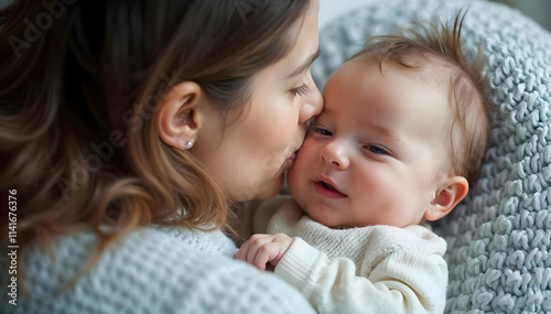 Loving mother tenderly kissing her baby while cuddling together on a cozy bed in a warm and peaceful