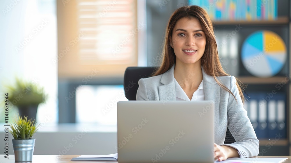 A confident woman sits at a desk with a laptop, smiling in a bright office environment filled with plants and charts. A confident woman sits at a desk with a laptop, smiling in a bright office environment filled with plants and charts.