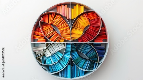A modern, circular book rack with a selection of colorful, bestselling novels, isolated on a white background, top view