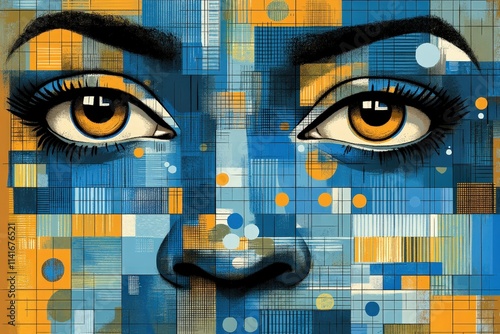 A striking illustration of a woman's face featuring large, expressive brown eyes surrounded by a mosaic of blue and orange patterns.