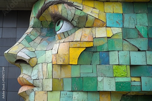 A striking close-up of a colorful mosaic face sculpture, showcasing vibrant green and yellow hues and a thoughtful expression.