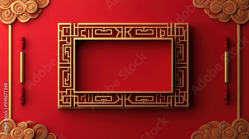 Elegant Golden Chinese Frame with Traditional Cloud and Scroll Designs on Red Background photo