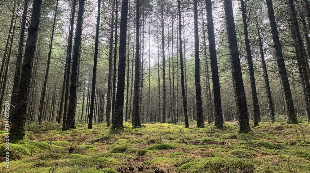 Fototapeta premium A dense pine forest with tall, slender trees stretching toward the sky