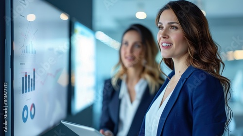 Two professional women analyze data on a screen in a modern office, showcasing teamwork and business insights.