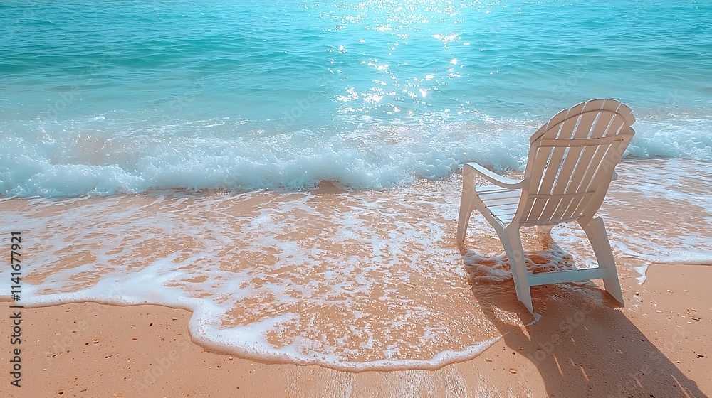 White Chair On Sandy Beach Near Ocean Waves White Chair On Sandy Beach Near Ocean Waves