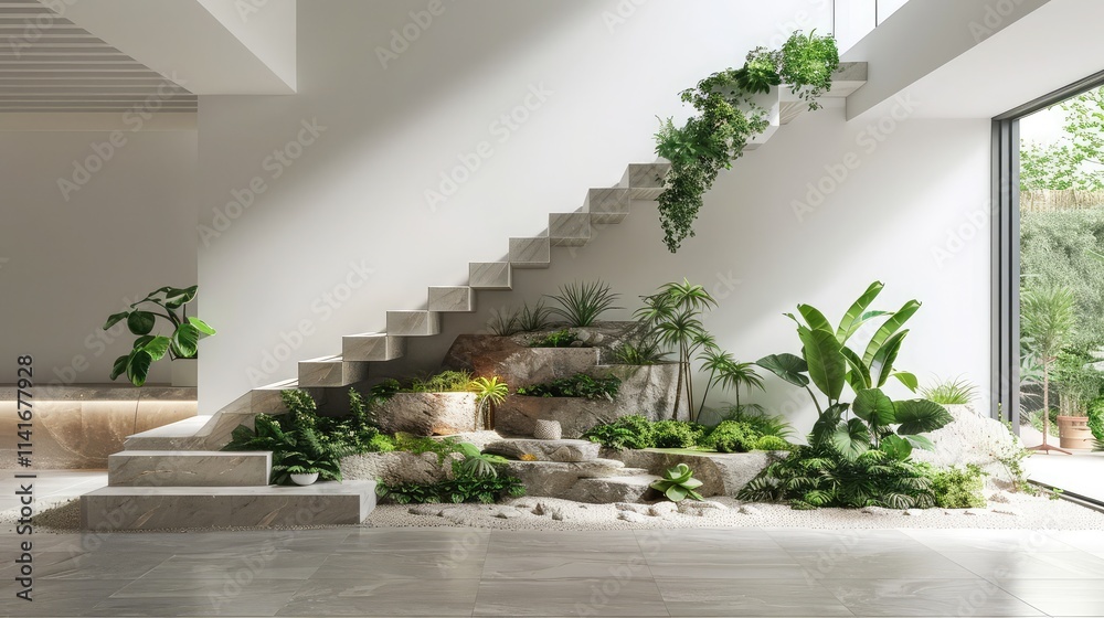 a minimalist staircase transformed into a beautiful plant gallery, with each stair step featuring a different species a minimalist staircase transformed into a beautiful plant gallery, with each stair step featuring a different species