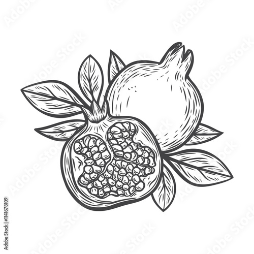 Pomegranate fruit with leaves in line drawing style