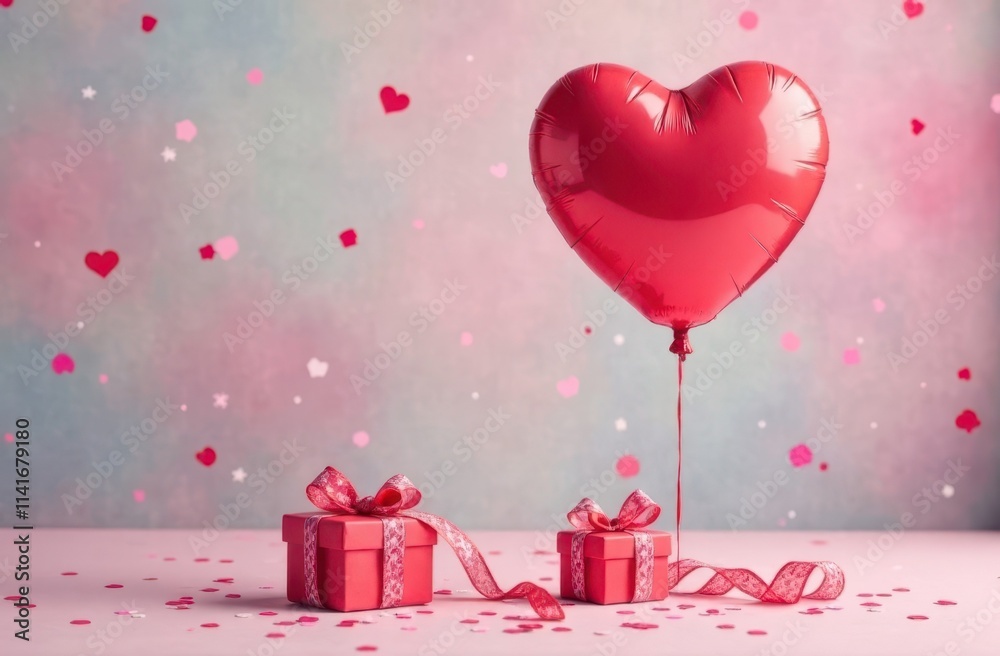 Close-up of a heart-shaped balloon, soft pastel background, surrounded by confetti, small gift boxes. Space for text Close-up of a heart-shaped balloon, soft pastel background, surrounded by confetti, small gift boxes. Space for text