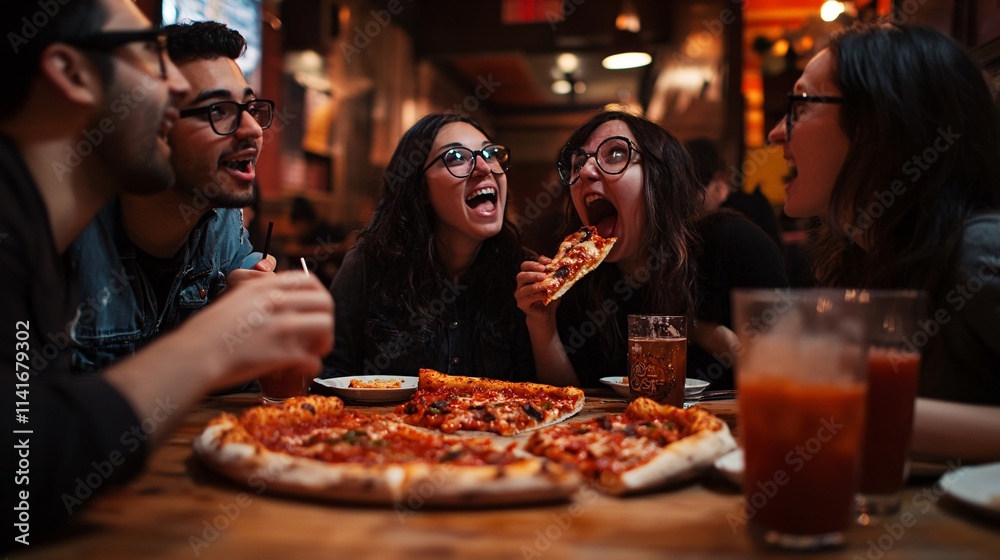 Friends Enjoying Pizza Together in Cozy Restaurant Setting Friends Enjoying Pizza Together in Cozy Restaurant Setting
